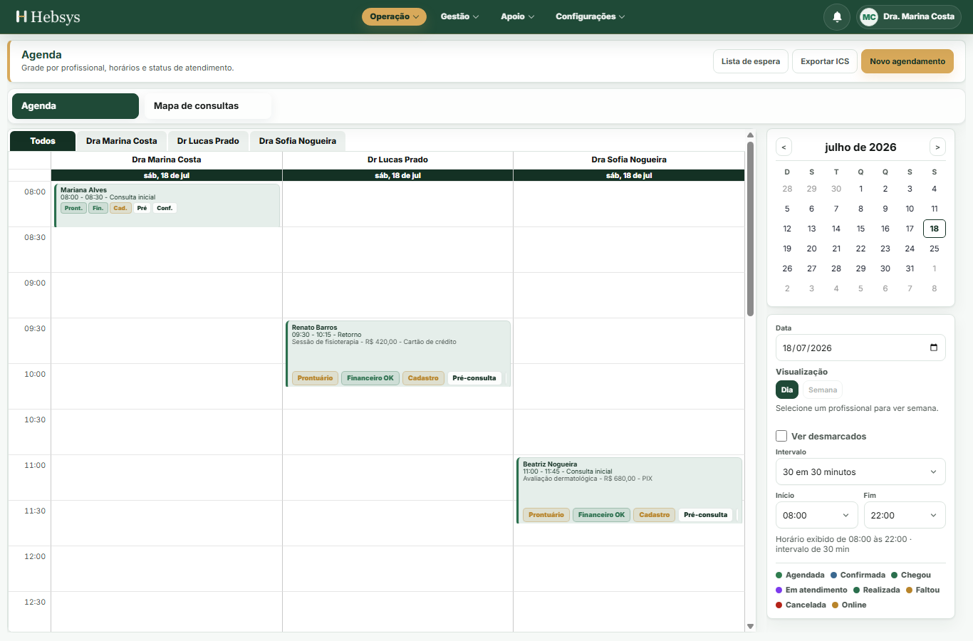 Agenda da Hebsys conectada ao agendamento online