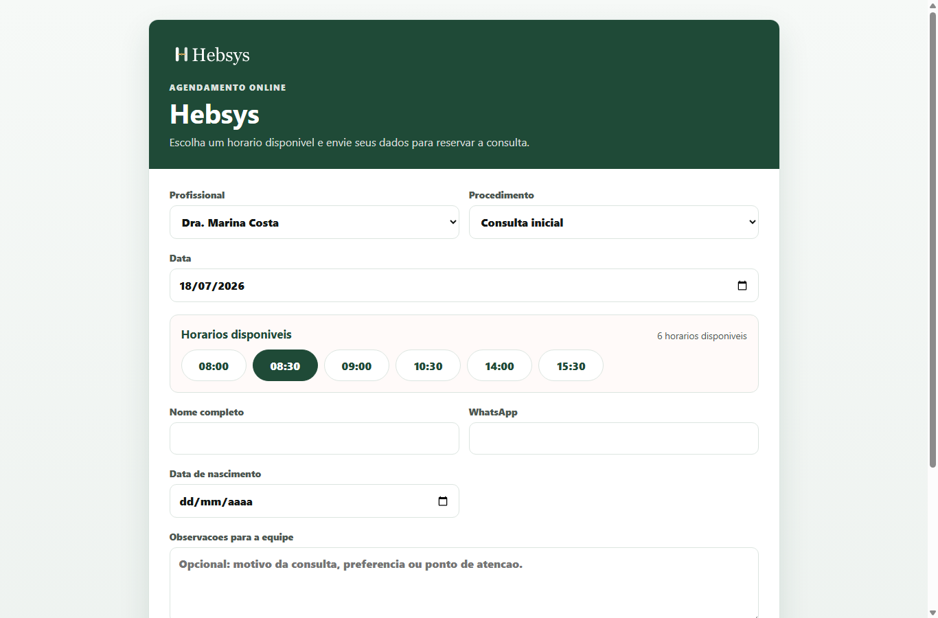 Página pública de agendamento online da Hebsys