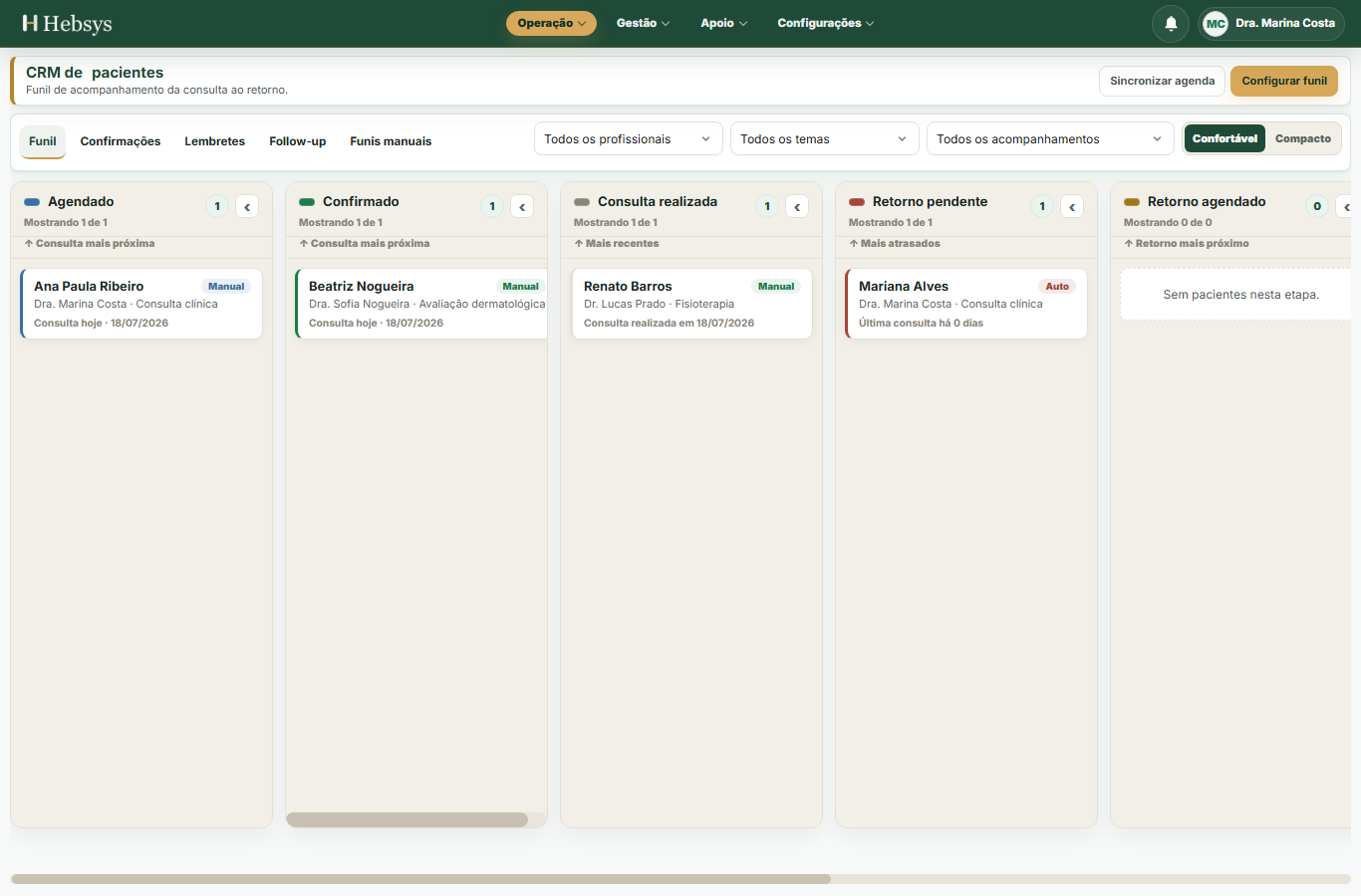Tela real do CRM da Hebsys com funil de pacientes
