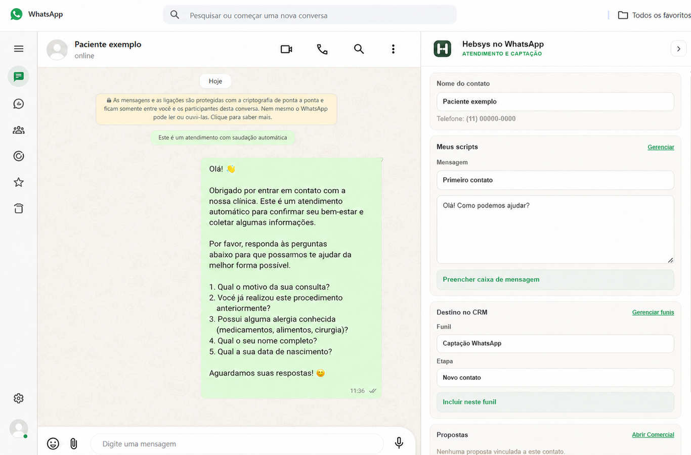 Hebsys no WhatsApp exibindo contato, scripts, funil e propostas ao lado da conversa